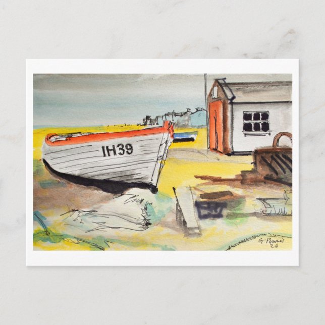 Postal Aldeburgh, Barco en la Playa – Arte Costero (Anverso)