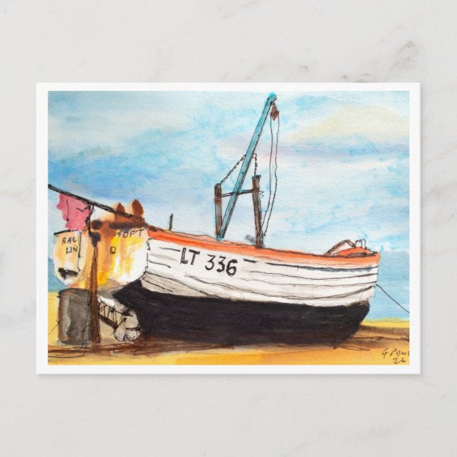 Postal Aldeburgh, Barco en la Playa – Arte Costero (Anverso)