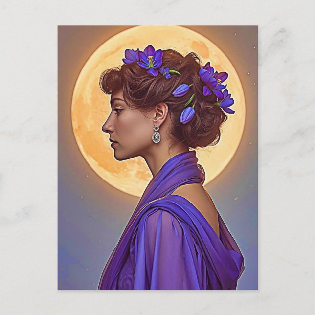 Postal Alegoría de la Primavera - mujer con flores púrpur (Anverso)