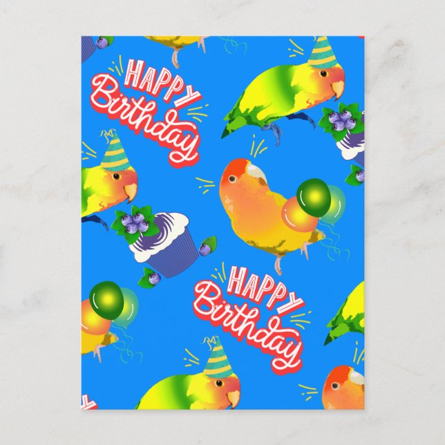 Postal Alegre Blue Happy Birthday Aves Lovebird Parrot (Anverso)