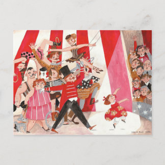 Postal Alegre circo rojo rosa negro preformador chica de