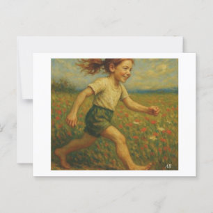 Postal Alegre correr por el campo de las flores silvestre