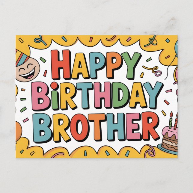 Postal Alegre gráfico de "FELIZ CUMPLEAÑOS HERMANO" (Anverso)