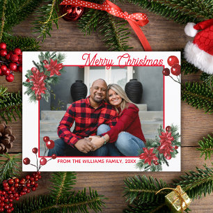 Postal alegre navidad rojo holly berries floral foto