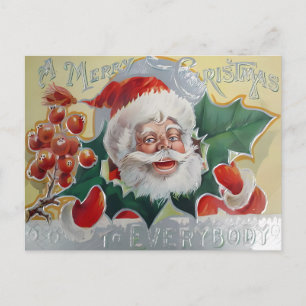 Postal Alegre Santa Claus Vintage Navidad Bayas de Acebo