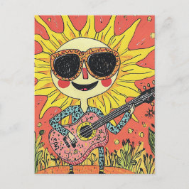 Postal Alegre Sunshine tocando guitarra con camisa azul