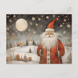 Postal Alegre y caprichoso Papá Noel en un pueblo nevado
