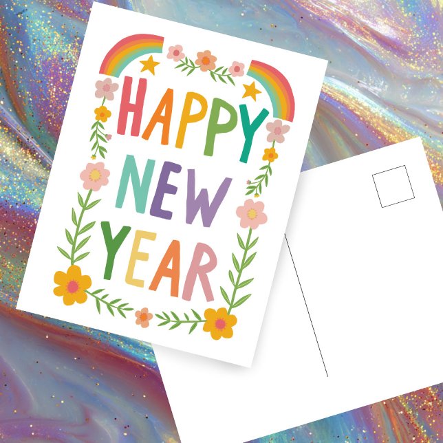 Postal Alegre y fascinante manejo de AÑO NUEVO (Cheerful Whimsical Rainbow HAPPY NEW YEAR Floral Handlettering Boho Postcard
)