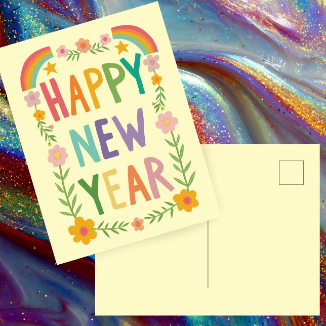 Postal Alegre y fascinante manejo de AÑO NUEVO (Cheerful Whimsical Floral Rainbow HAPPY NEW YEAR Handlettering Postcard
)