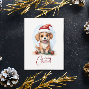 Postal Alegres Navidades perro con Sombrero y Ornamento
