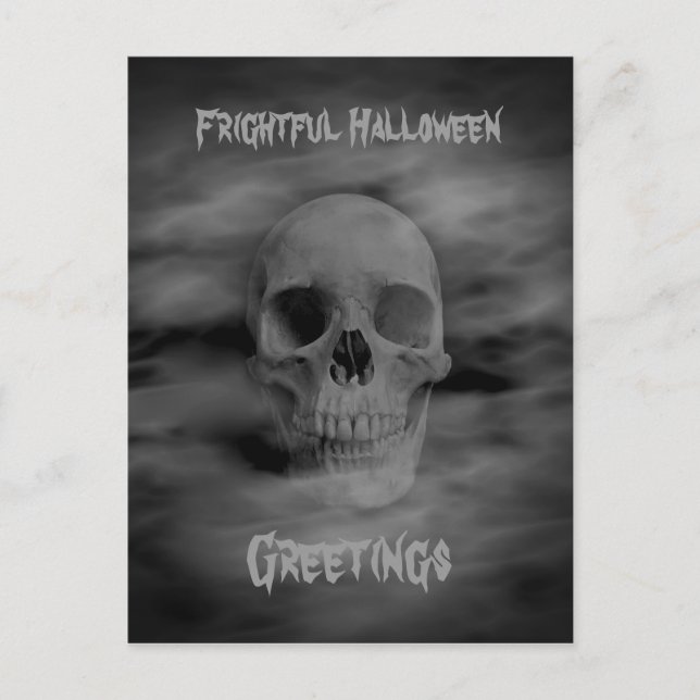 Postal Alegres saludos de Halloween con fantasmas cráneos (Anverso)