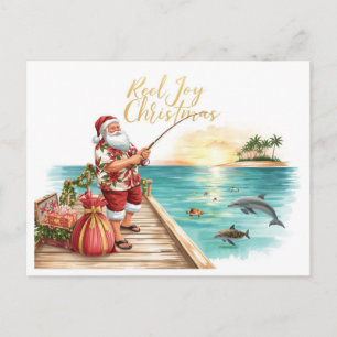 Postal Alegría de carrete de pesca Navidad con Santa