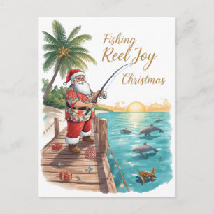 Postal Alegría de carrete de pesca Navidad con vacaciones