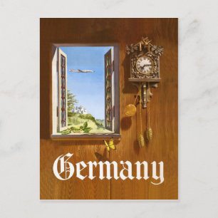 Postal Alemania, reloj de madera y vistas desde la ventan