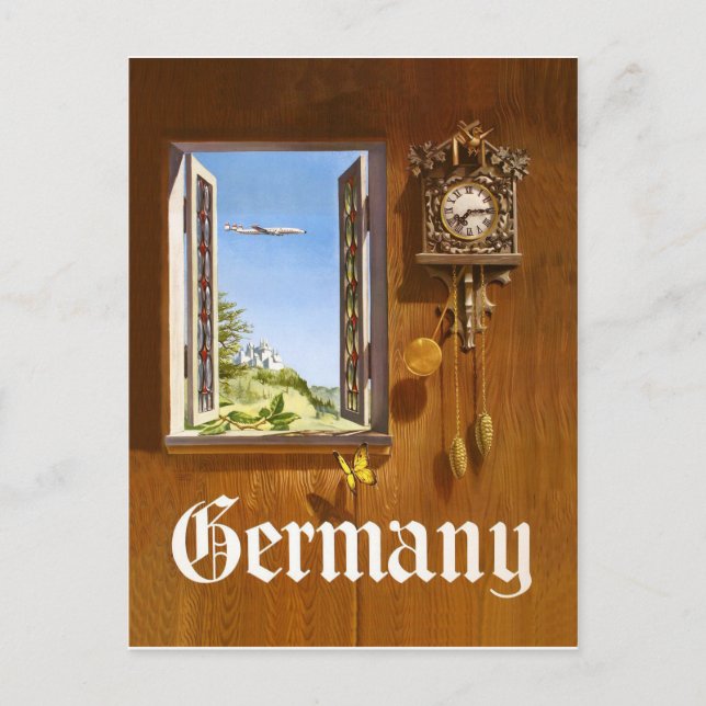 Postal Alemania, reloj de madera y vistas desde la ventan (Anverso)
