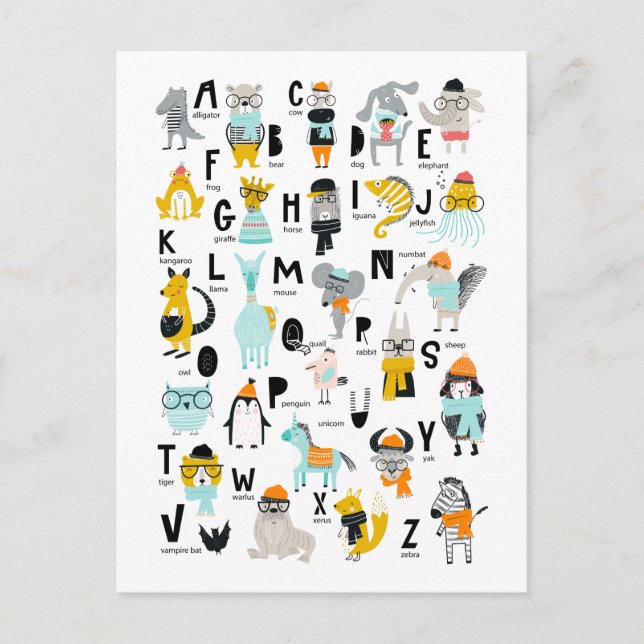 Postal Alfabeto animal | Algunos Tienen Gorras (Anverso)