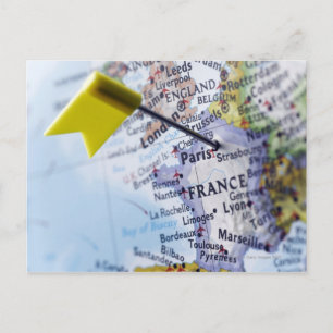 Postal Alfiler colocado en París, Francia en el mapa, pri