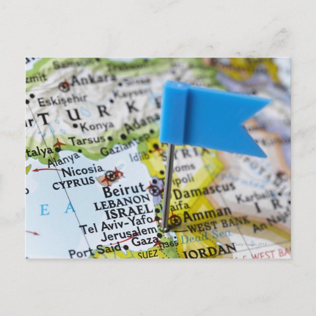 Postal Alfiler de mapa colocado en Jerusalén, Israel en e (Anverso)