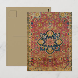 Postal Alfombra Persa Asiática de Kashan en Rojo y Dorado