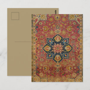 Postal Alfombra Persa Asiática de Kashan en Rojo y Dorado