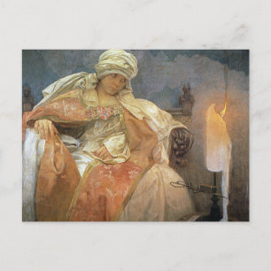 Postal Alfons Mucha ~ Mujeres con velas en llamas