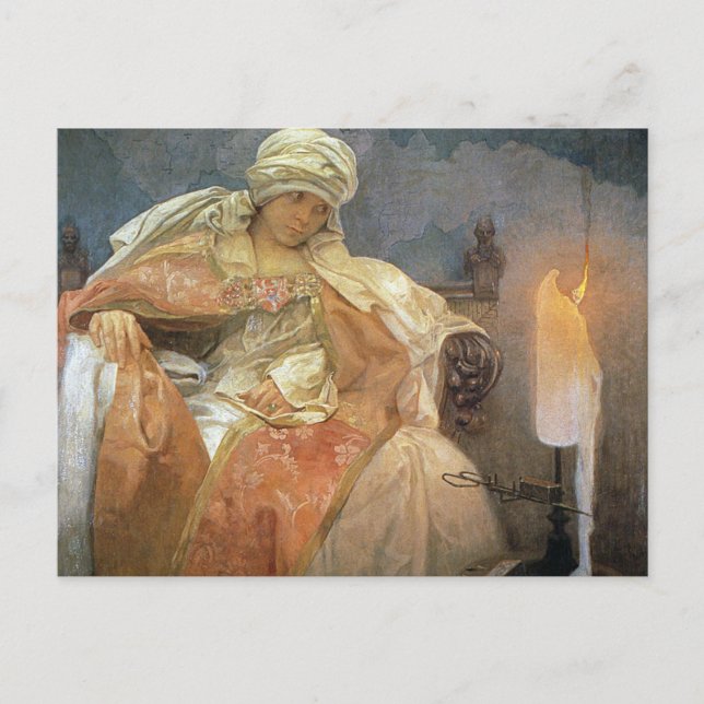 Postal Alfons Mucha ~ Mujeres con velas en llamas (Anverso)
