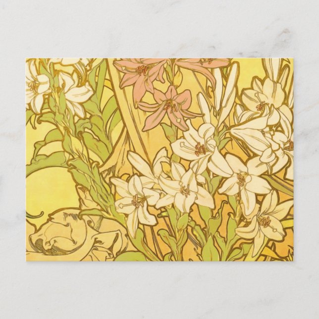 Postal Alfonse Mucha Flores de lirio Art Nouveau (Anverso)