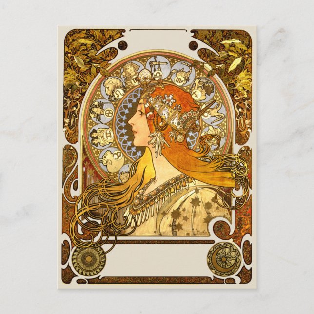 Postal Alfonse Mucha Zodiac Art Nouveau Mujer (Anverso)