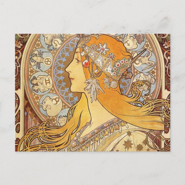 Postal Alfonse Mucha Zodiac Art Nouveau Mujer (Anverso)