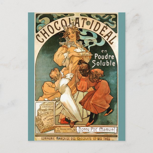 Postal Alfonso (Alfons) Mucha Chocolat Ideal (Anverso)