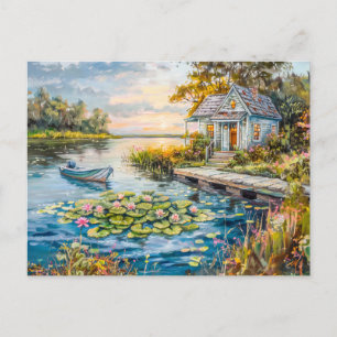 Postal Algodón de pesca a orillas del lago con lirios de