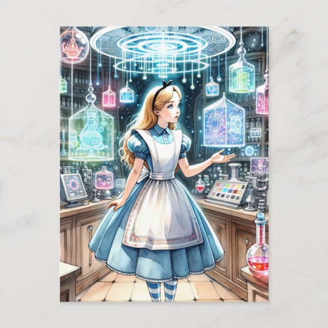 Postal Alice en la botica steampunk (Anverso)