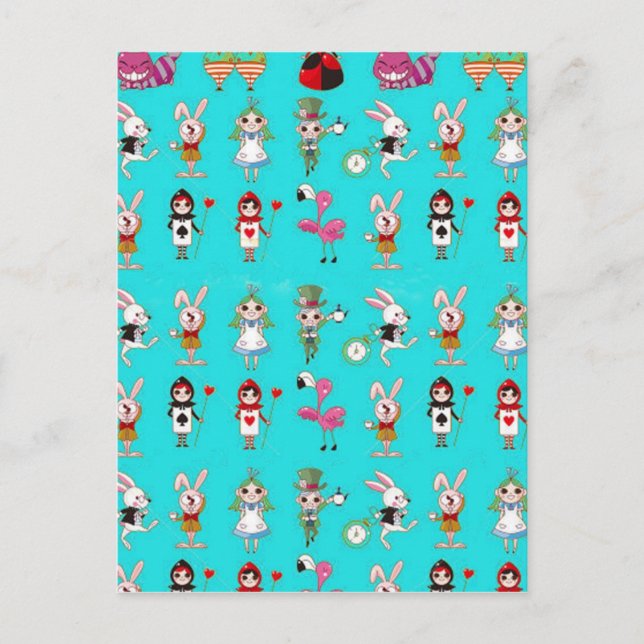 Postal Alice In Wonderland Cute Turquoise Blue Montaje (Anverso)