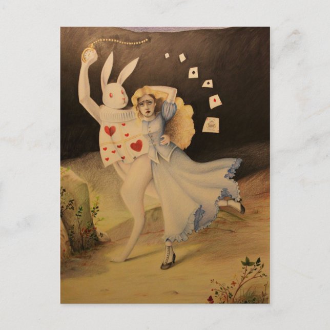 Postal Alice y el conejo con reloj - Esbozo de mano (Anverso)