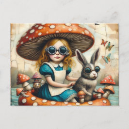 Postal Alice y el conejo en un viaje flotante