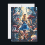 Postal Alicia acuarela en el país de las maravillas<br><div class="desc">Un caprichoso diseño acuático con Alicia caminando por un sendero de bosques bordeado de setas de capuchas rojas,  capturando el mágico encanto de la tierra de las maravillas.</div>