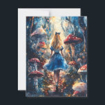 Postal Alicia acuarela en el país de las maravillas<br><div class="desc">Un caprichoso diseño acuático con Alicia caminando por un sendero de bosques bordeado de setas de capuchas rojas, capturando el mágico encanto de la tierra de las maravillas.</div>