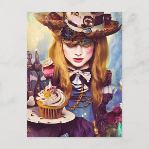 Postal Alicia de Steampunk con pasteles