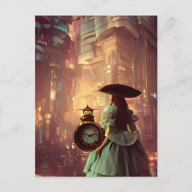 Postal Alicia de Steampunk en la ciudad del retrofuturism (Anverso)