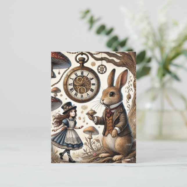 Postal Alicia en arte de té de conejo blanco (Anverso de pie)