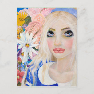 Postal Alicia en el Jardín de las flores vivas pintando