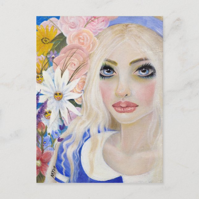 Postal Alicia en el Jardín de las flores vivas pintando (Anverso)