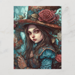 Postal Alicia en un sombrero superior con flores