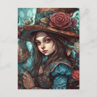 Postal Alicia en un sombrero superior con flores
