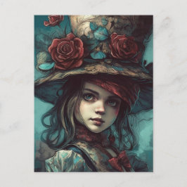 Postal Alicia en un sombrero superior con flores