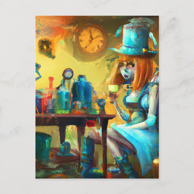 Postal Alicia Steampunk creando pociones en un laboratori (Anverso)