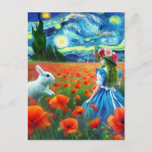 Postal Alicia y el conejo entran en Oz Van Gogh (Anverso)