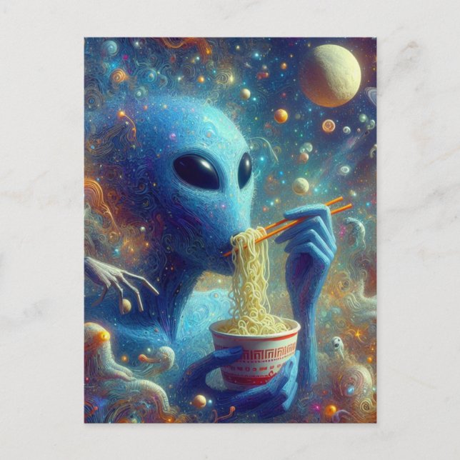 Postal Alien azul comiendo fideos (Anverso)