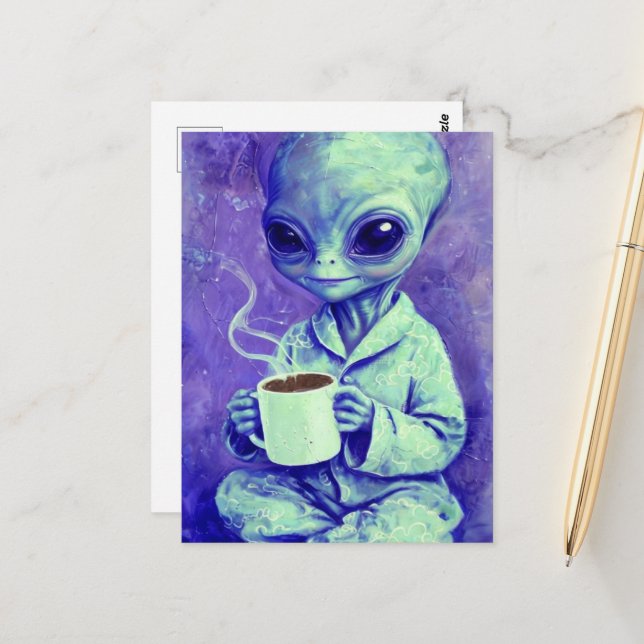 Postal Alien azul con una taza de café (Anverso/Reverso In Situ)