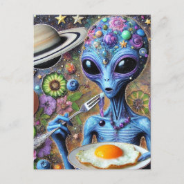 Postal Alien azul funky comiendo huevos fritos